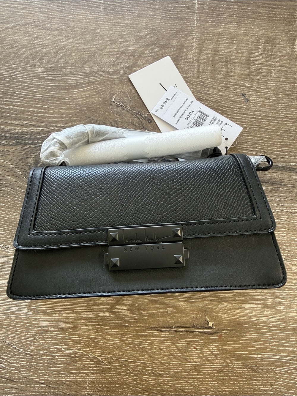 Nicole miller  Black Pebbled & Smooth Leather Mini Crossbody